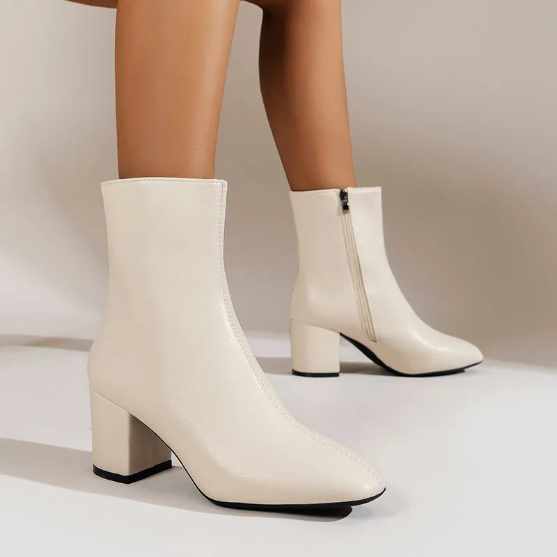 Women__ Glossy Ankle Boots with Side Zipper and Block Heel