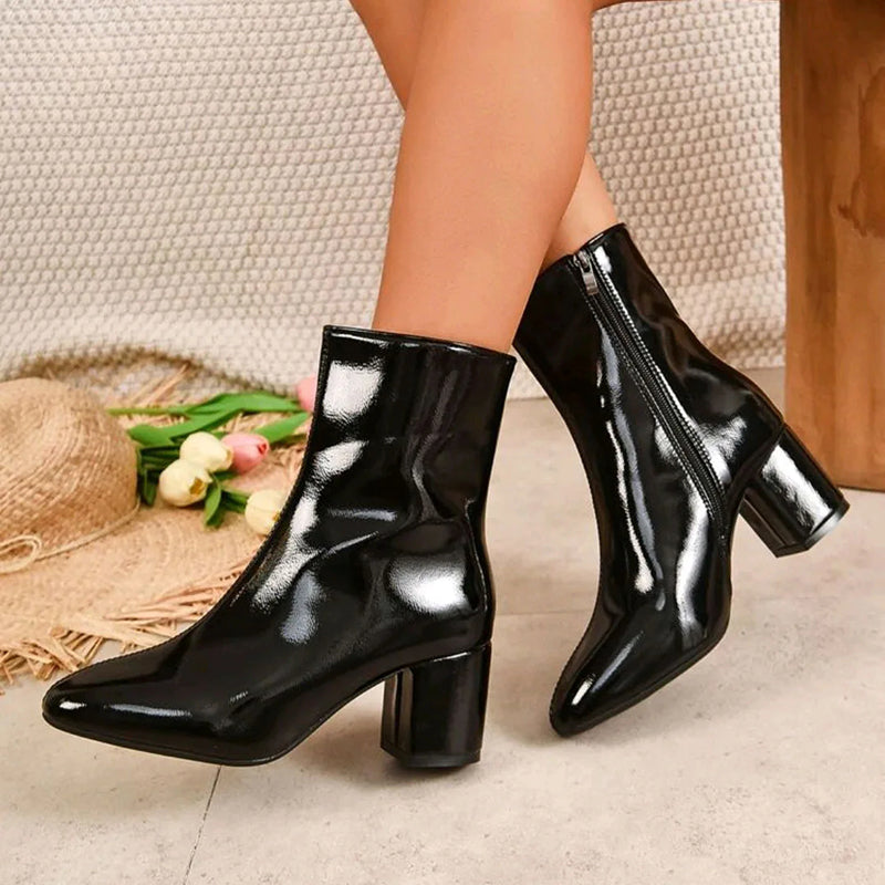 Women__ Glossy Ankle Boots with Side Zipper and Block Heel