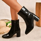 Women__ Glossy Ankle Boots with Side Zipper and Block Heel