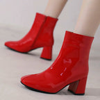 Women__ Glossy Leather Ankle Boots with Block Heel