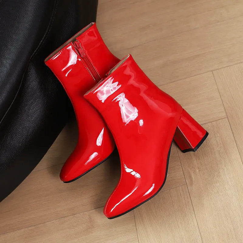 Women__ Glossy Leather Ankle Boots with Block Heel