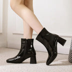 Women__ Glossy Leather Ankle Boots with Block Heel