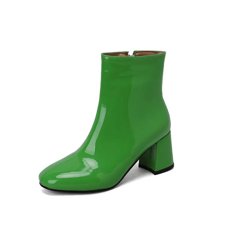 Women__ Glossy Leather Ankle Boots with Block Heel