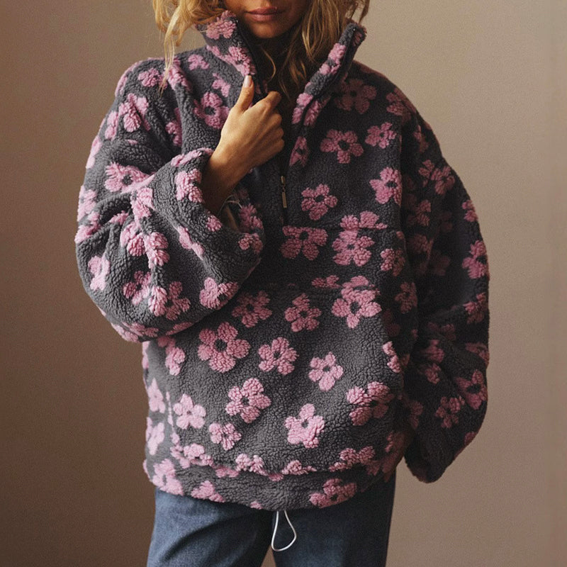 Women__ Half-Zip Fleece Sweatshirt with Floral Pattern