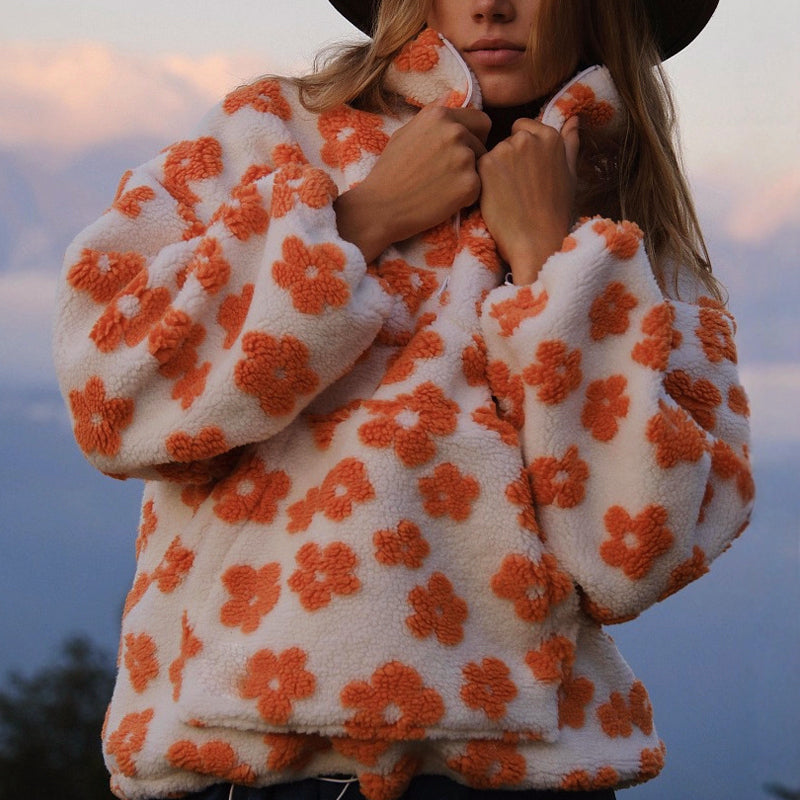 Women__ Half-Zip Fleece Sweatshirt with Floral Pattern