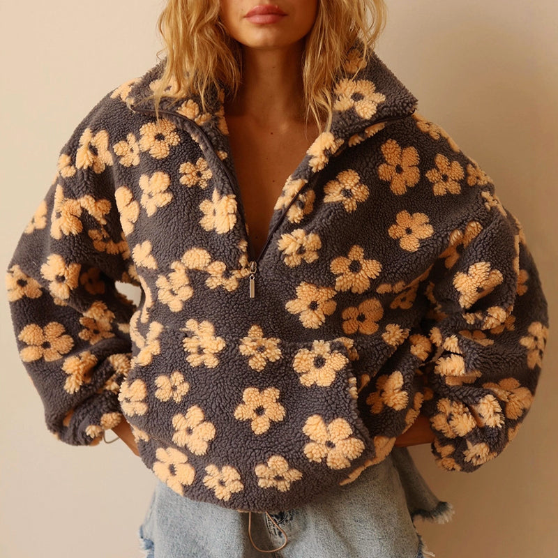Women__ Half-Zip Fleece Sweatshirt with Floral Pattern