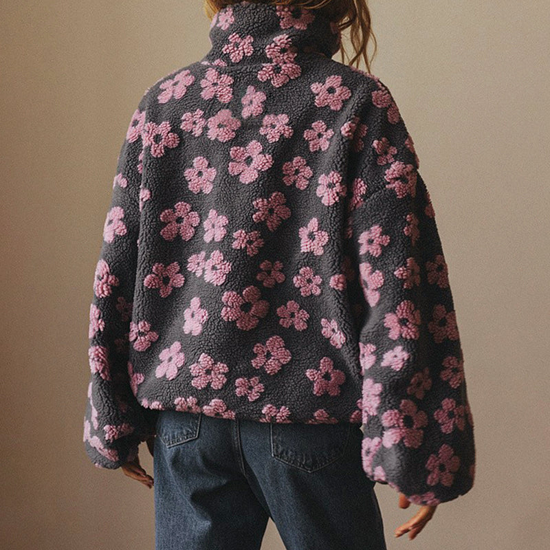 Women__ Half-Zip Fleece Sweatshirt with Floral Pattern