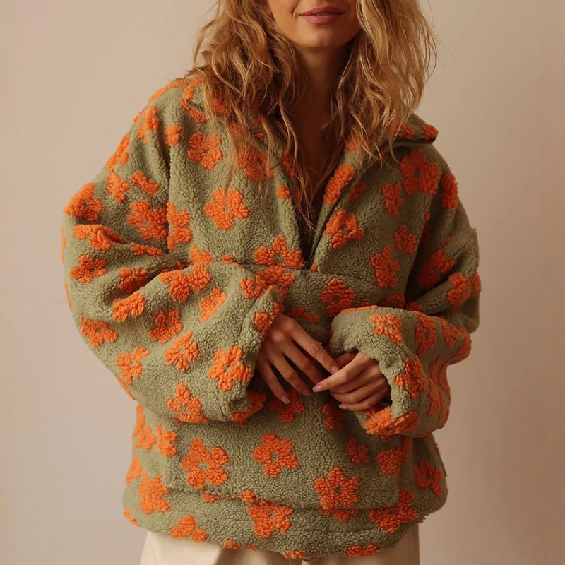 Women__ Half-Zip Fleece Sweatshirt with Floral Pattern