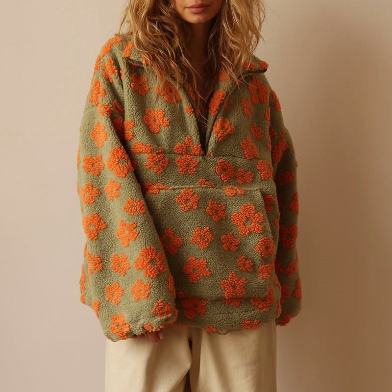 Women__ Half-Zip Fleece Sweatshirt with Floral Pattern