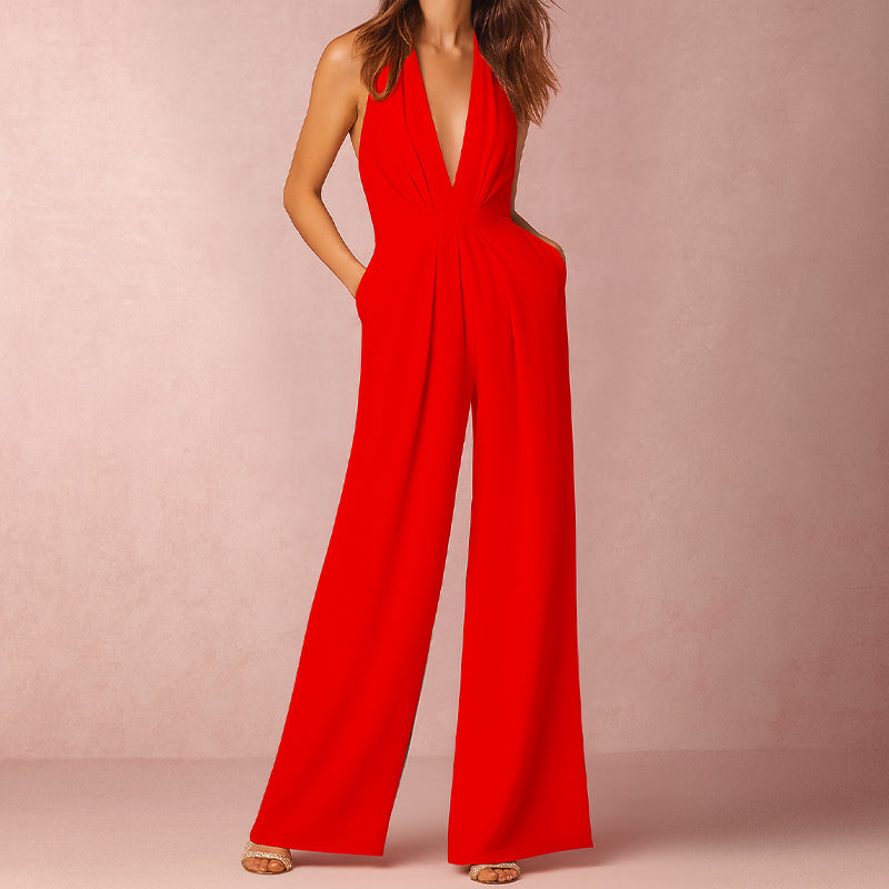 Women__ Halter Evening Jumpsuit with Deep V-Neckline
