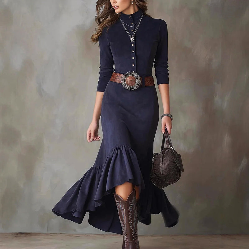 Women__ High-Collar Maxi Dress with Flared Hem