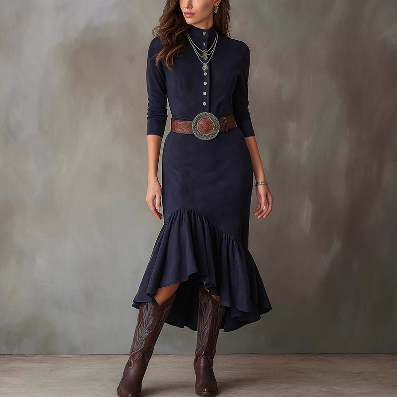 Women__ High-Collar Maxi Dress with Flared Hem