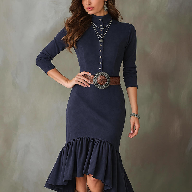 Women__ High-Collar Maxi Dress with Flared Hem