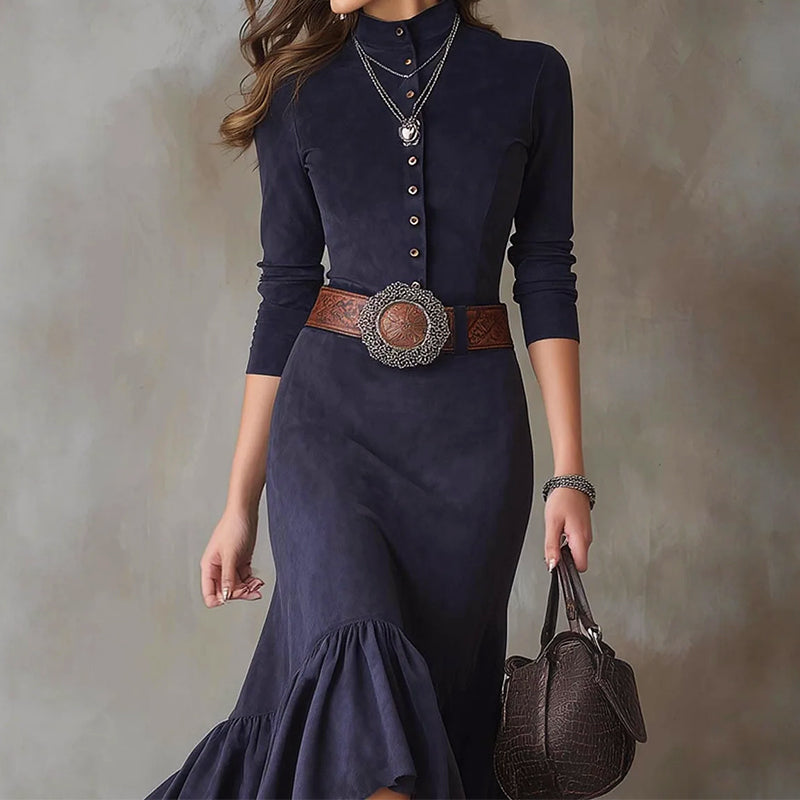 Women__ High-Collar Maxi Dress with Flared Hem