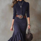 Women__ High-Collar Maxi Dress with Flared Hem