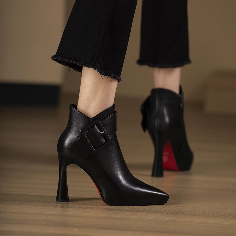 Women__ High-Heel Ankle Boots with Buckle Detail