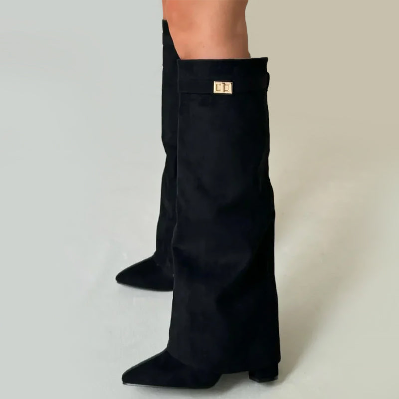 Women__ Knee-High Suede Boots with Fold-Over Cuff