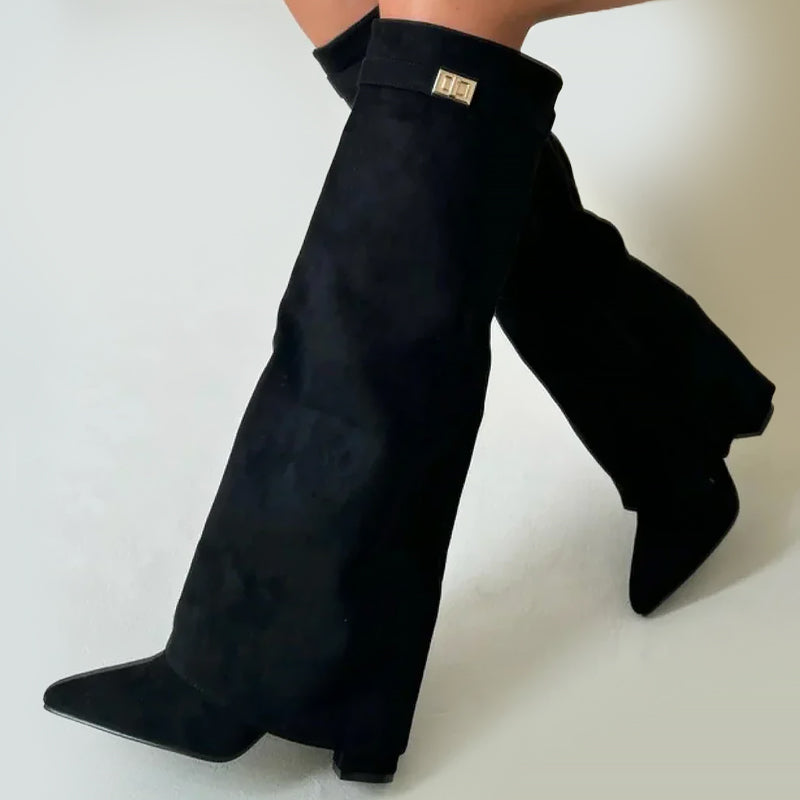 Women__ Knee-High Suede Boots with Fold-Over Cuff