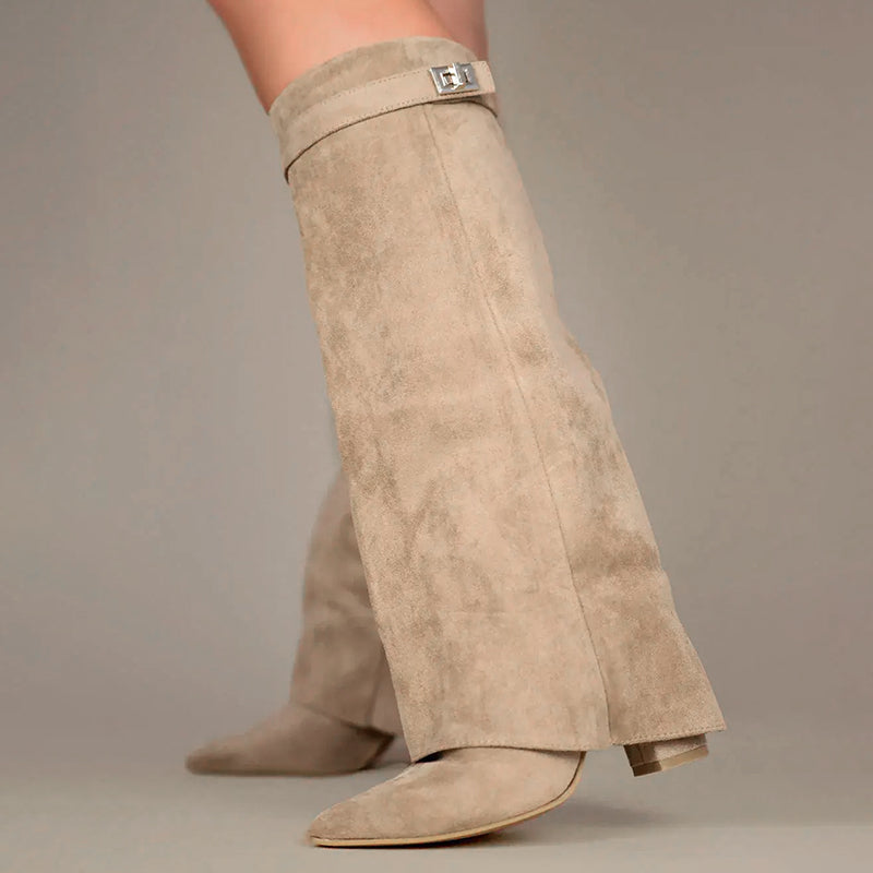 Women__ Knee-High Suede Boots with Fold-Over Cuff