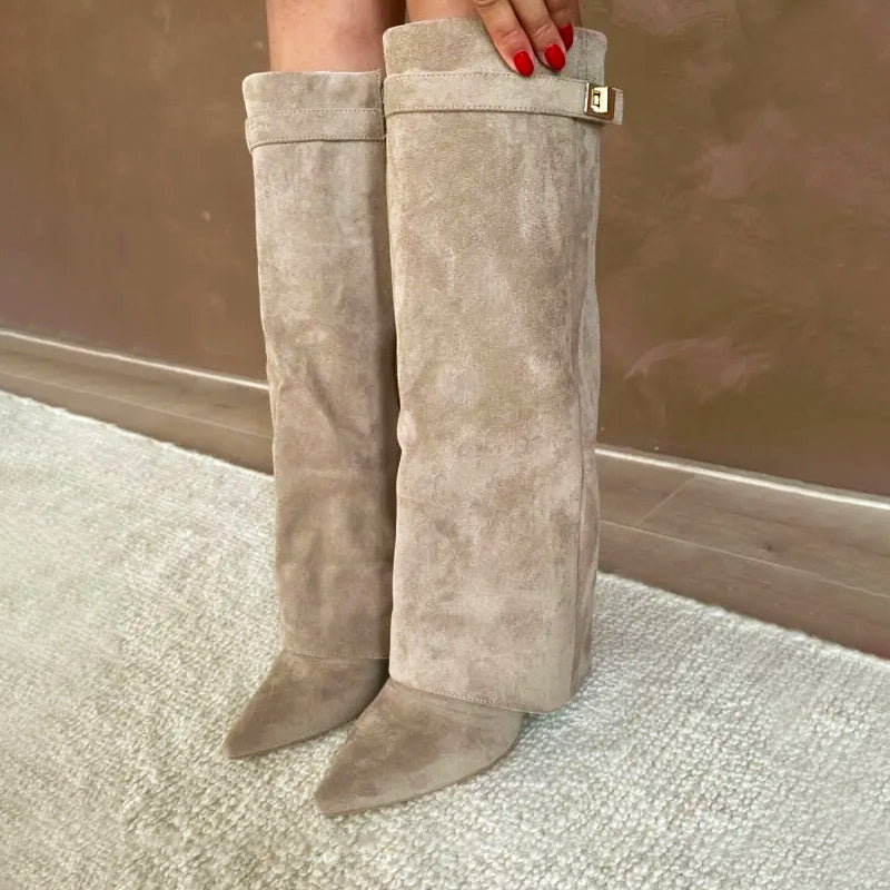 Women__ Knee-High Suede Boots with Fold-Over Cuff