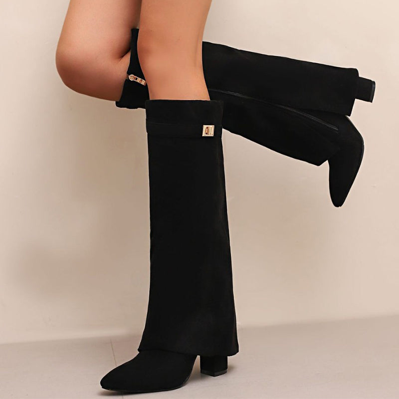 Women__ Knee-High Suede Boots with Fold-Over Cuff