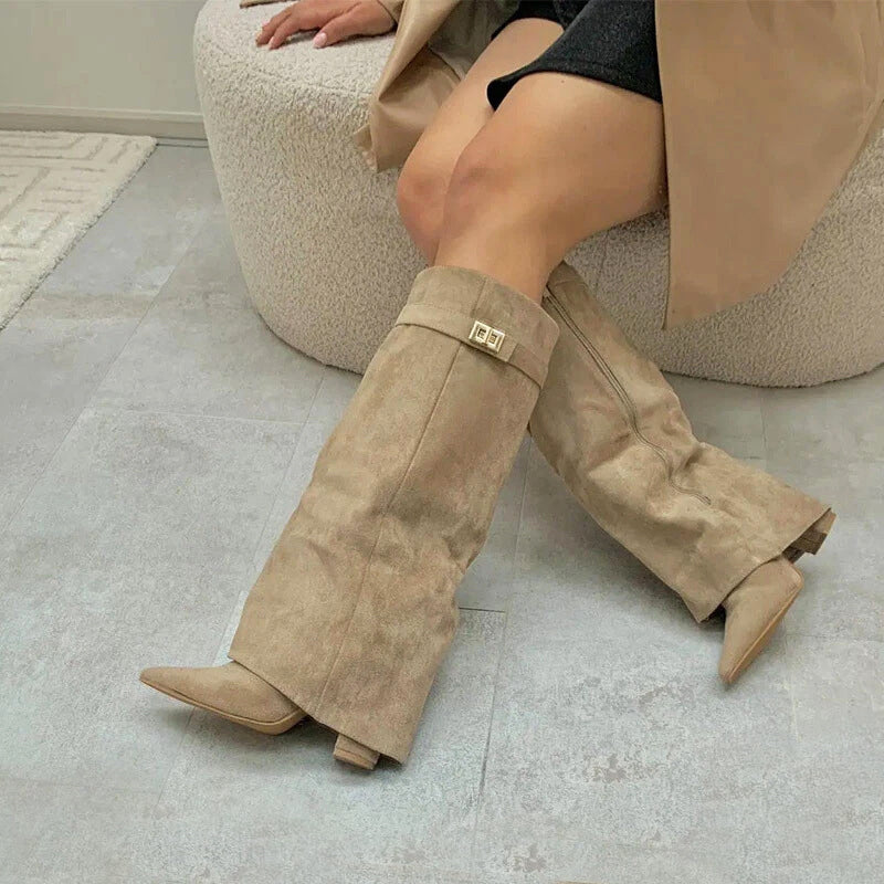 Women__ Knee-High Suede Boots with Fold-Over Cuff