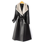 Women__ Long Faux Leather Coat with Down Lining