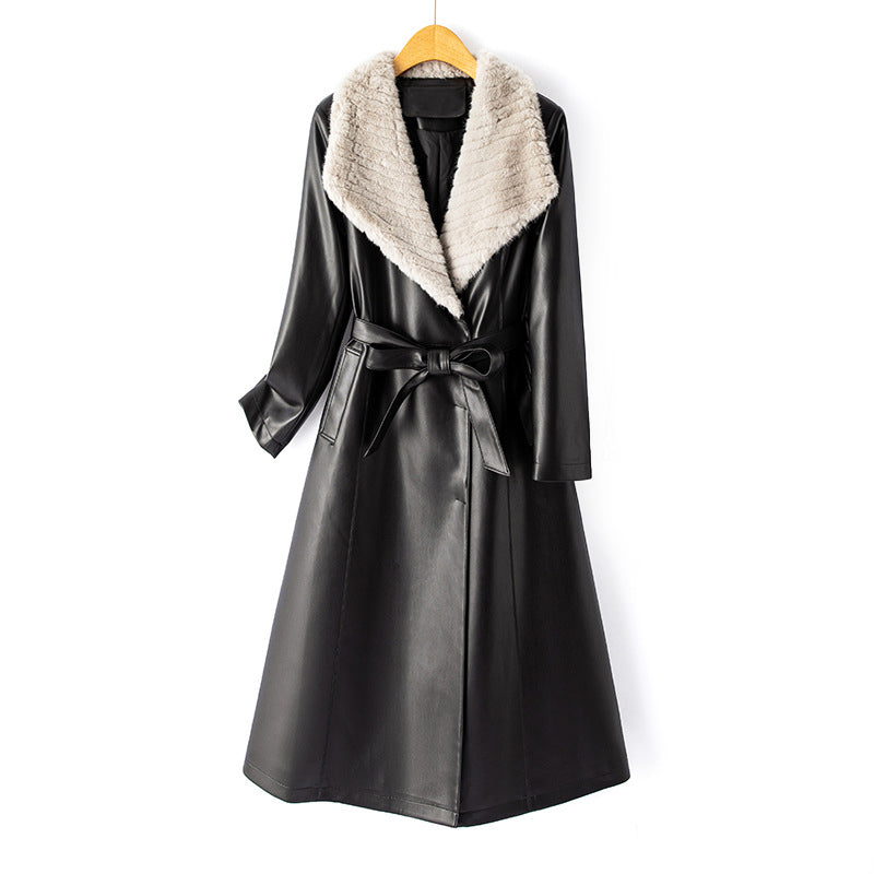 Women__ Long Faux Leather Coat with Down Lining