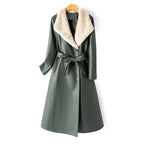 Women__ Long Faux Leather Coat with Down Lining