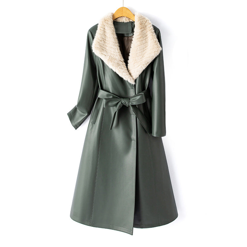 Women__ Long Faux Leather Coat with Down Lining