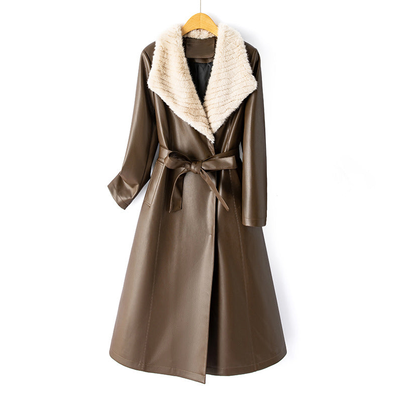 Women__ Long Faux Leather Coat with Down Lining