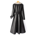 Women__ Long Faux Leather Coat with Down Lining