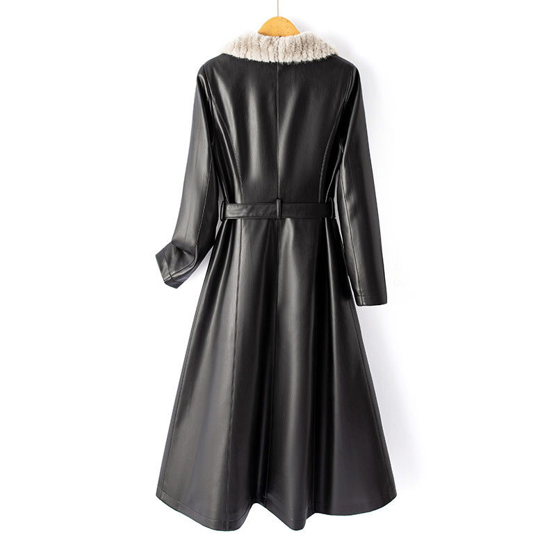 Women__ Long Faux Leather Coat with Down Lining