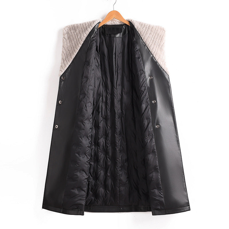 Women__ Long Faux Leather Coat with Down Lining
