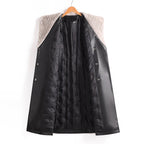 Women__ Long Faux Leather Coat with Down Lining