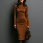 Women__ Long-Sleeve Suede Midi Dress with Turtleneck