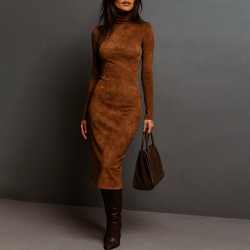 Women__ Long-Sleeve Suede Midi Dress with Turtleneck
