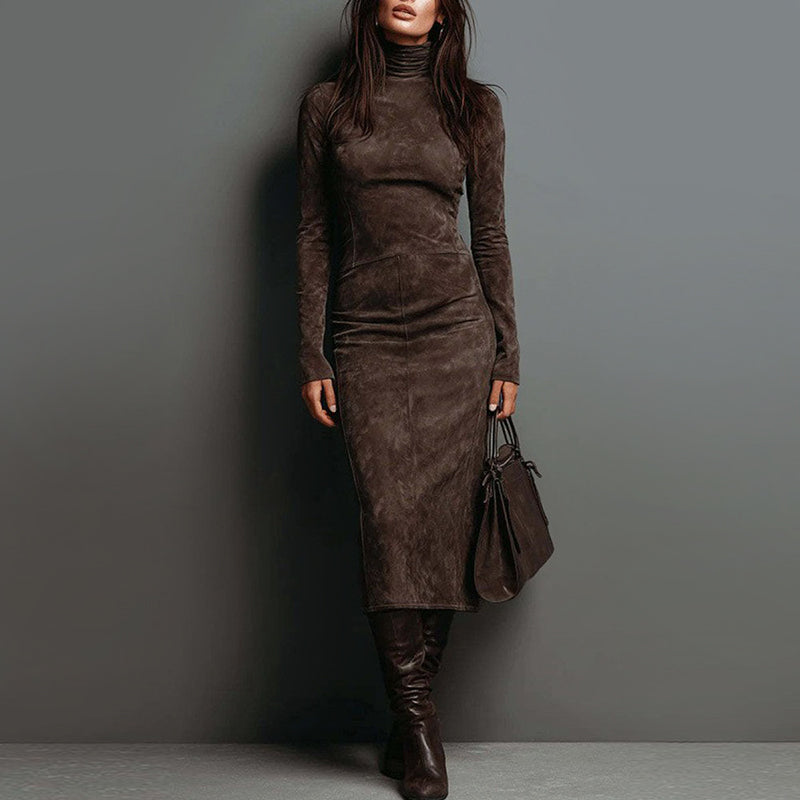 Women__ Long-Sleeve Suede Midi Dress with Turtleneck
