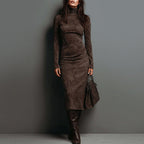 Women__ Long-Sleeve Suede Midi Dress with Turtleneck