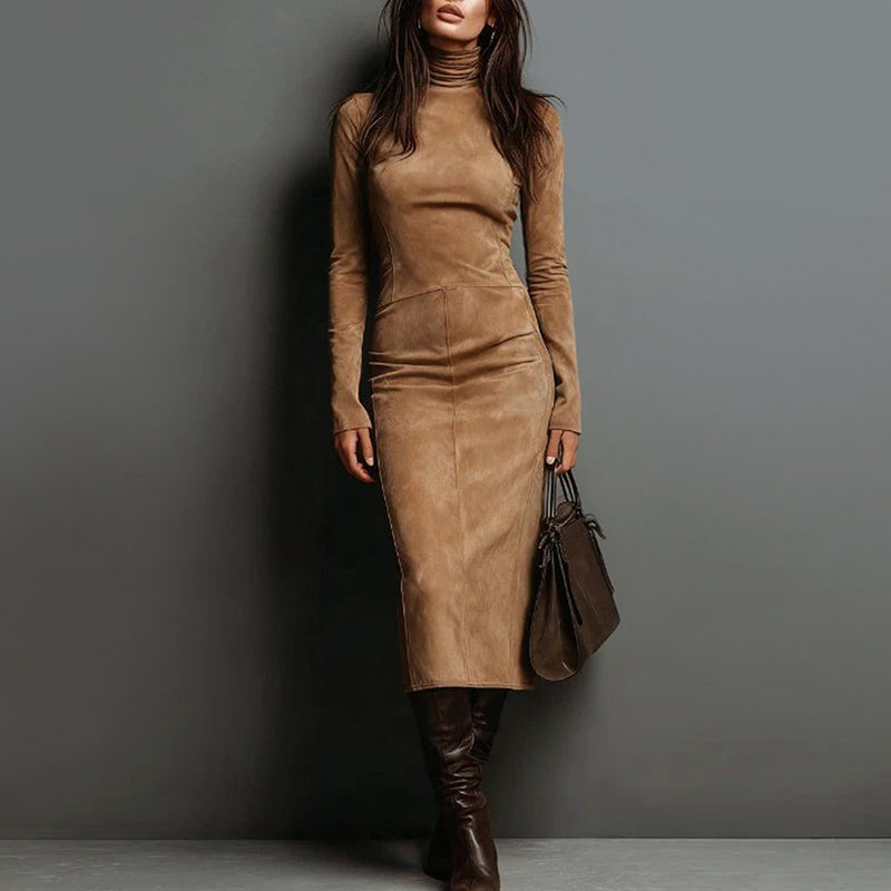 Women__ Long-Sleeve Suede Midi Dress with Turtleneck