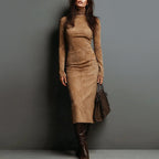 Women__ Long-Sleeve Suede Midi Dress with Turtleneck