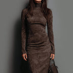 Women__ Long-Sleeve Suede Midi Dress with Turtleneck