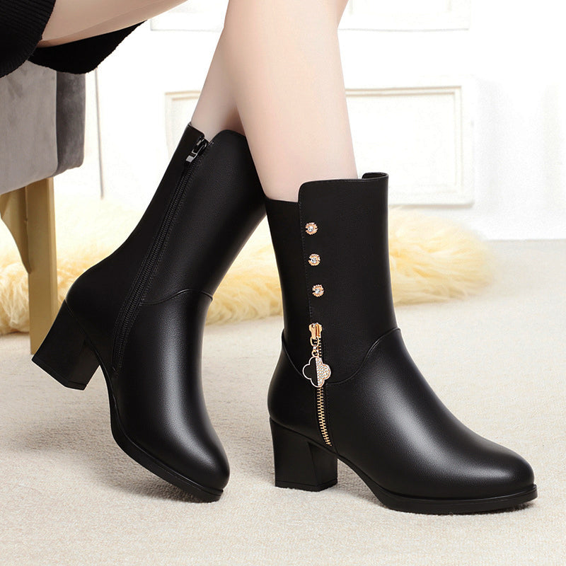 Women__ Mid-Calf Leather Boots with Plush Lining