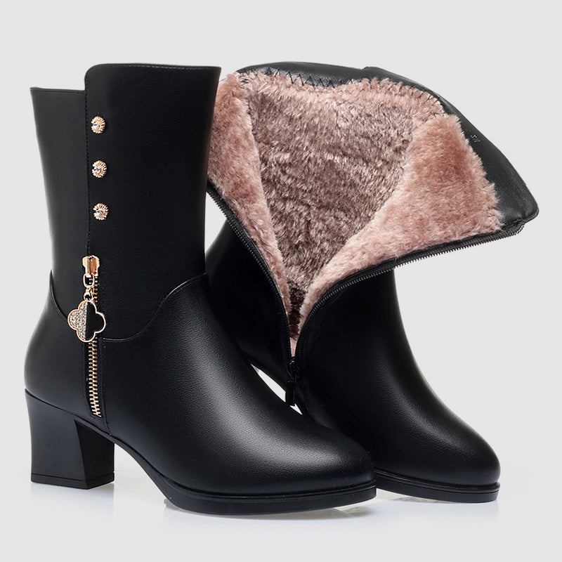 Women__ Mid-Calf Leather Boots with Plush Lining