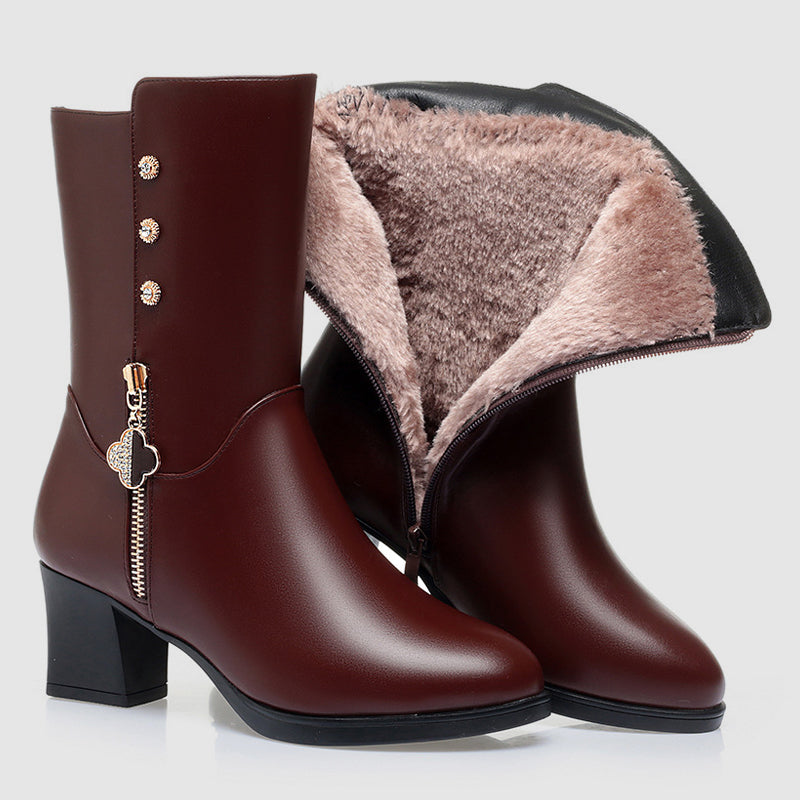 Women__ Mid-Calf Leather Boots with Plush Lining