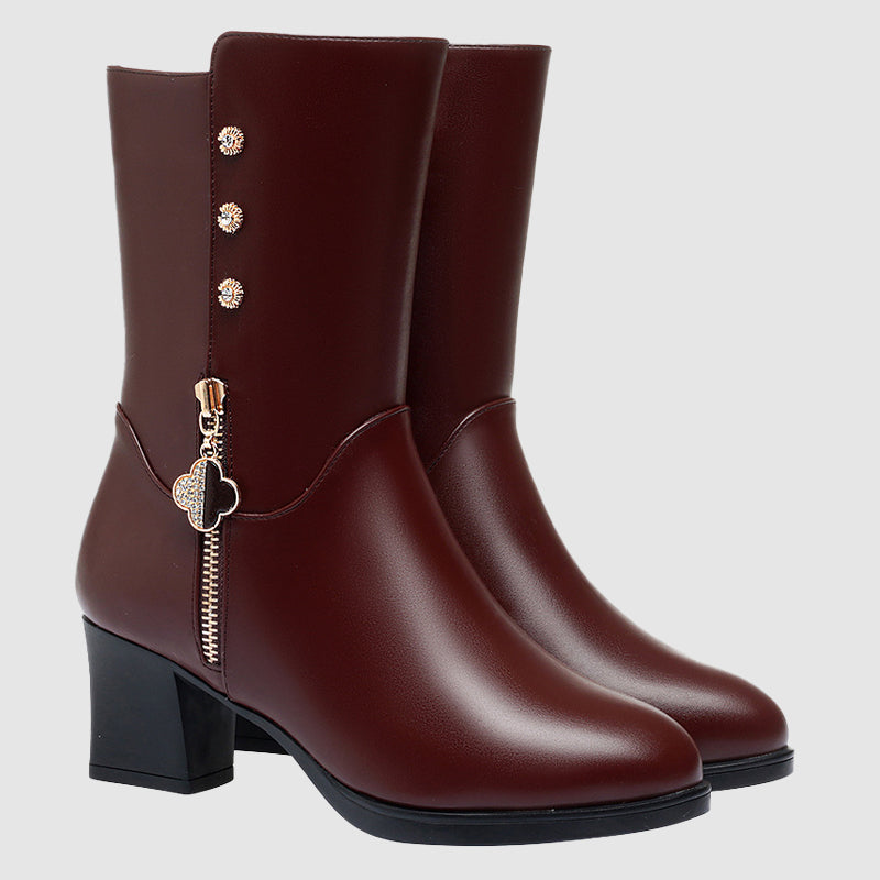 Women__ Mid-Calf Leather Boots with Plush Lining