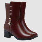 Women__ Mid-Calf Leather Boots with Plush Lining