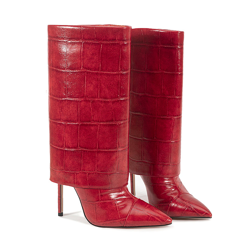 Women__ Mid-Calf Stiletto Boots with Croc Print