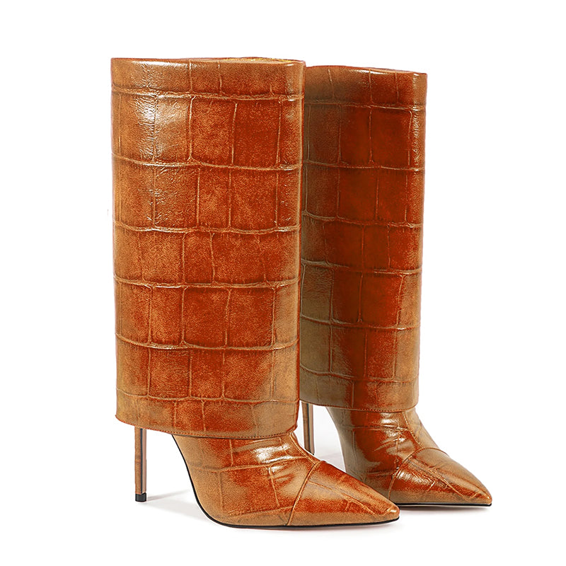 Women__ Mid-Calf Stiletto Boots with Croc Print
