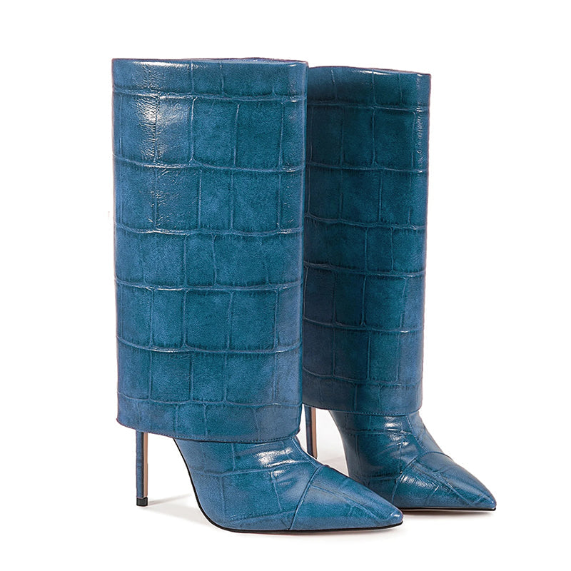 Women__ Mid-Calf Stiletto Boots with Croc Print